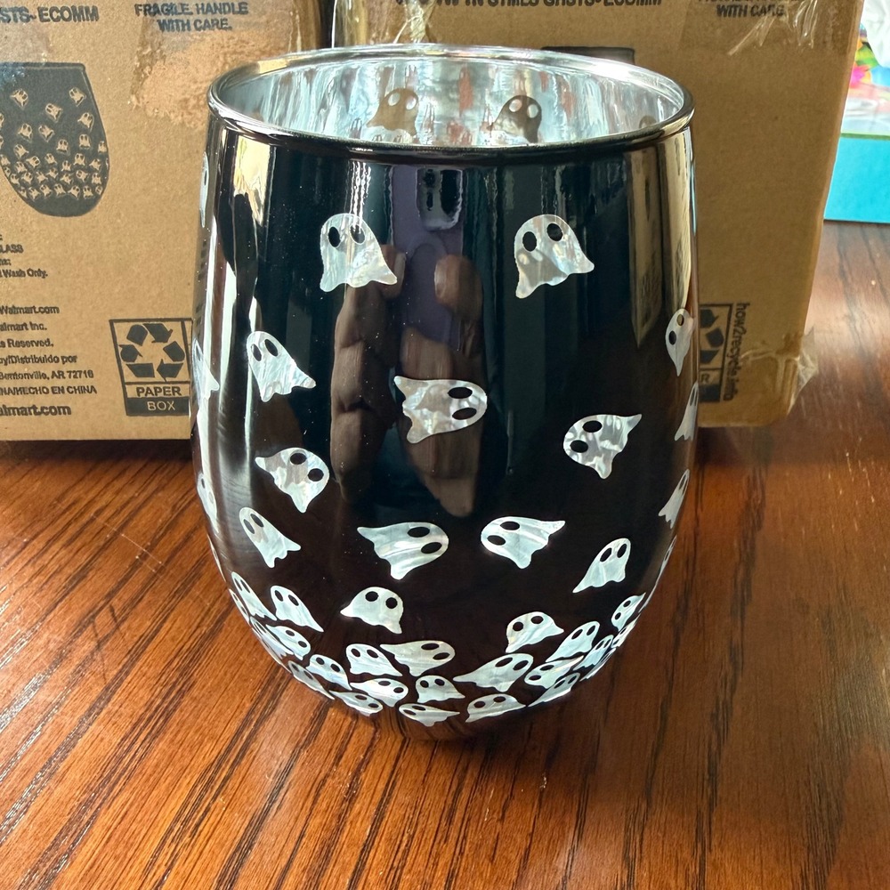 Way to Celebrate New Halloween Ghost Stemless Wine Glass Spooky set of 2